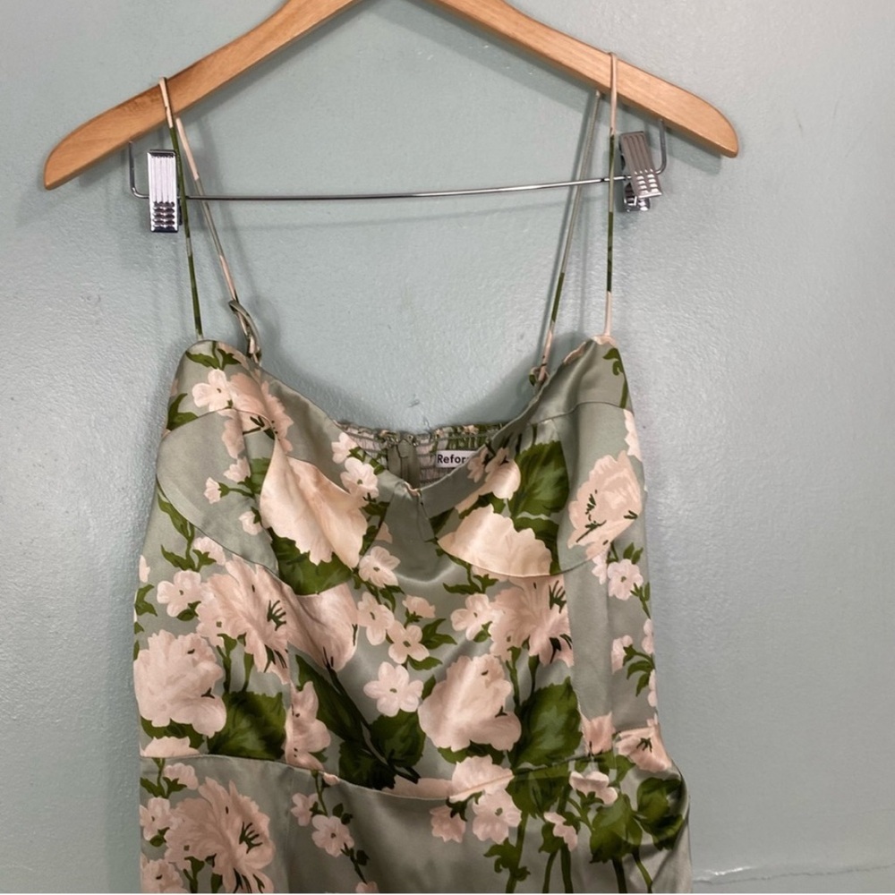 Reformation Marguerite Silk Dress Tarragon Floral Green Sundress Midi Size 0 - Picture 3 of 6